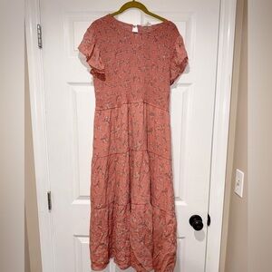 Perch/Blu Pepper Pink Floral Smocked Midi dress 1X